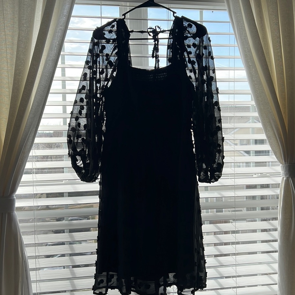 Black Swiss dot shirred bodice midi dress with voluminous sheer sleeves size L